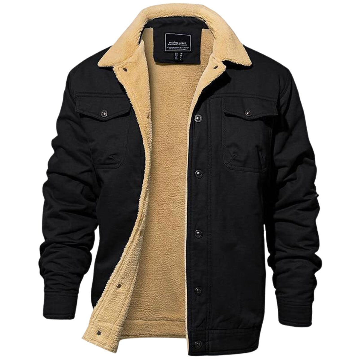 Black men's sherpa-lined trucker jacket with fleece collar, open front view