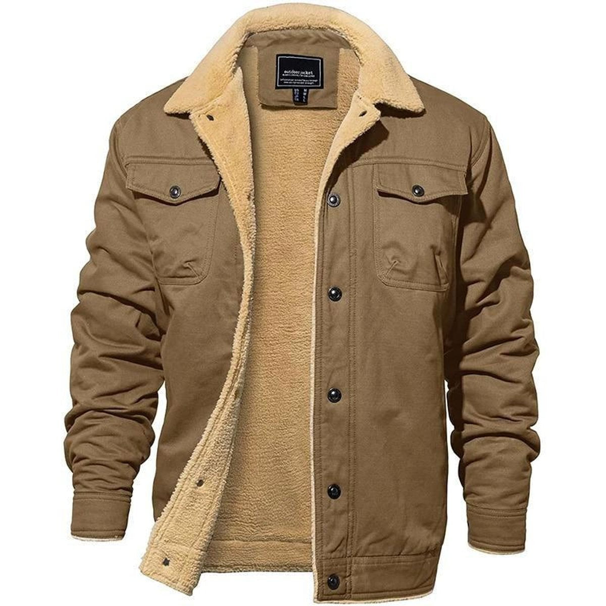 Khaki men's fleece-lined bomber jacket with sherpa collar and chest pockets