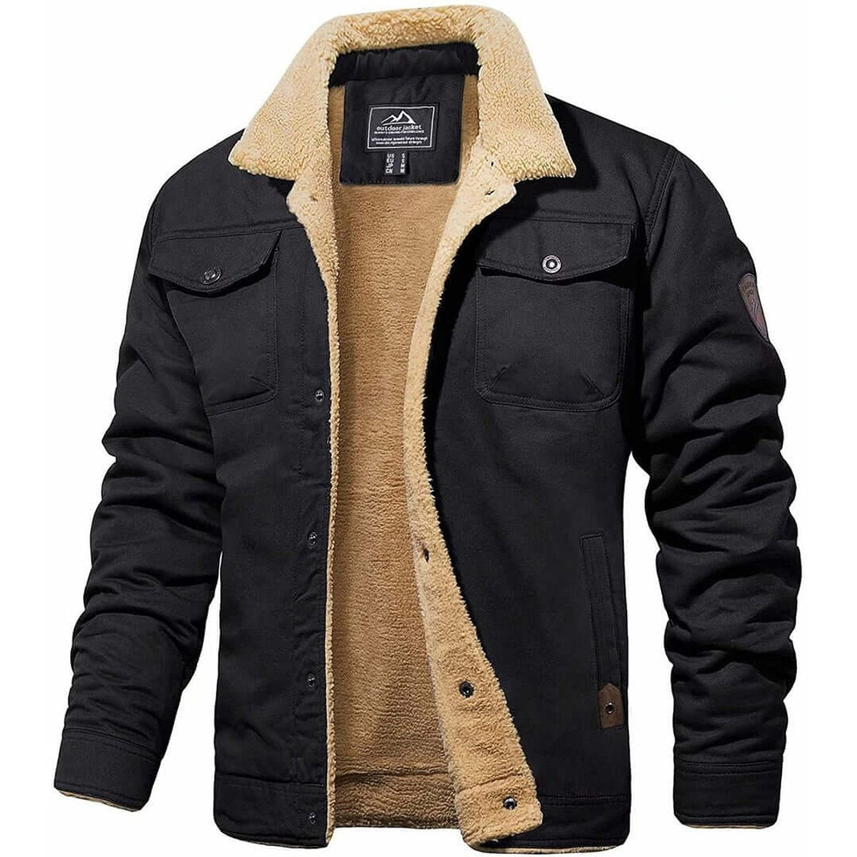 Black fleece-lined bomber jacket with sherpa collar and buttoned chest pockets