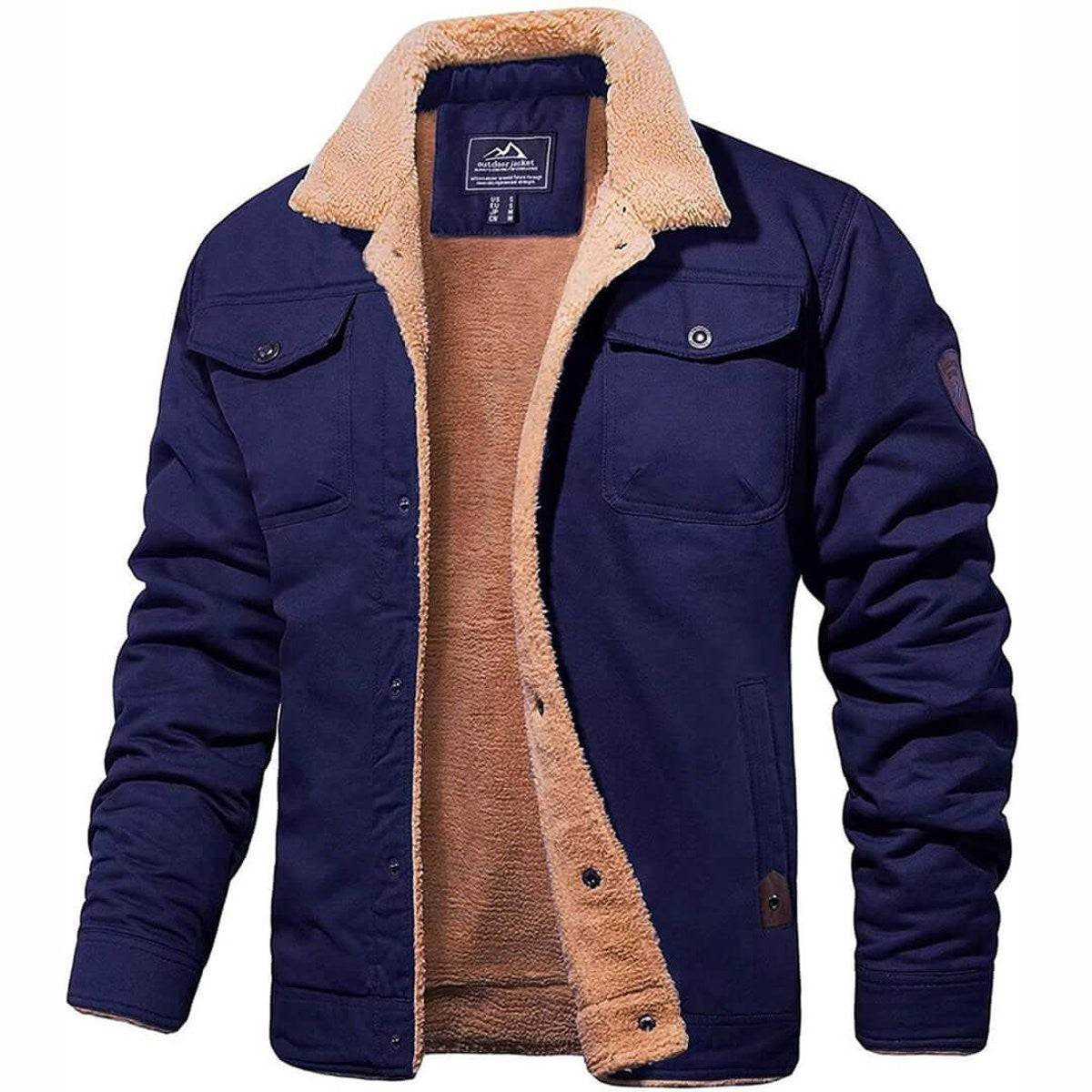 Navy bomber jacket featuring sherpa fleece lining and multiple cargo pockets