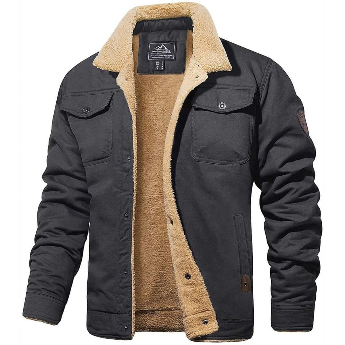 Charcoal grey sherpa-collar bomber jacket with quilted fleece interior lining
