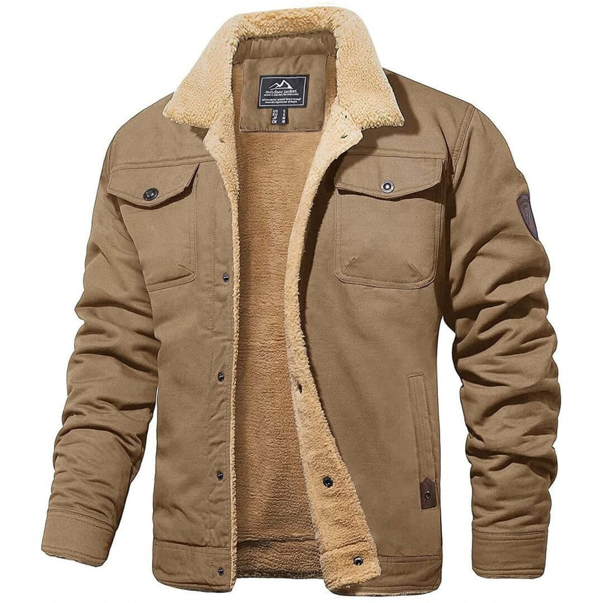 Khaki fleece-lined bomber jacket showing sherpa collar and buttoned pockets