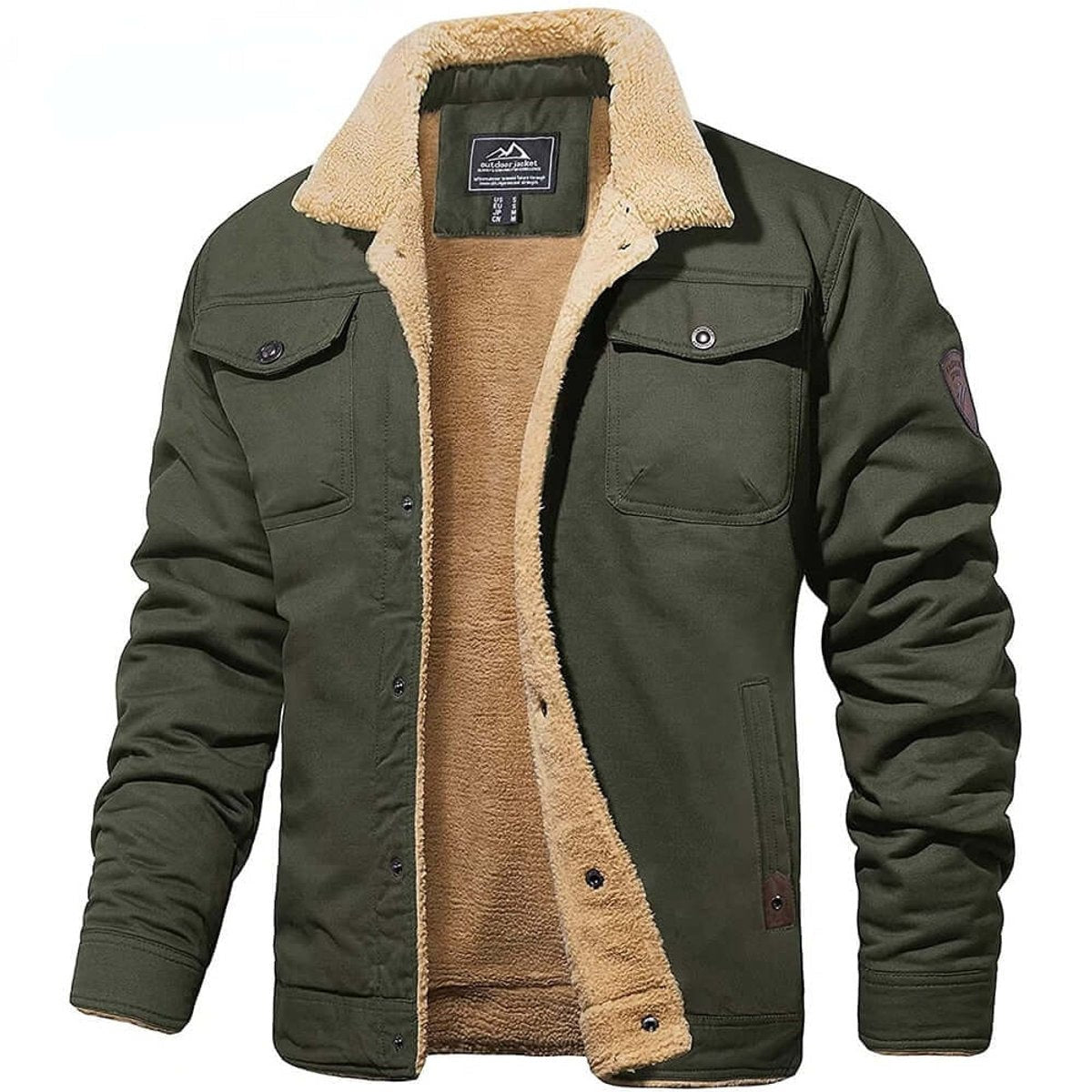 Olive green sherpa-collar bomber jacket with fleece lining and cargo pockets