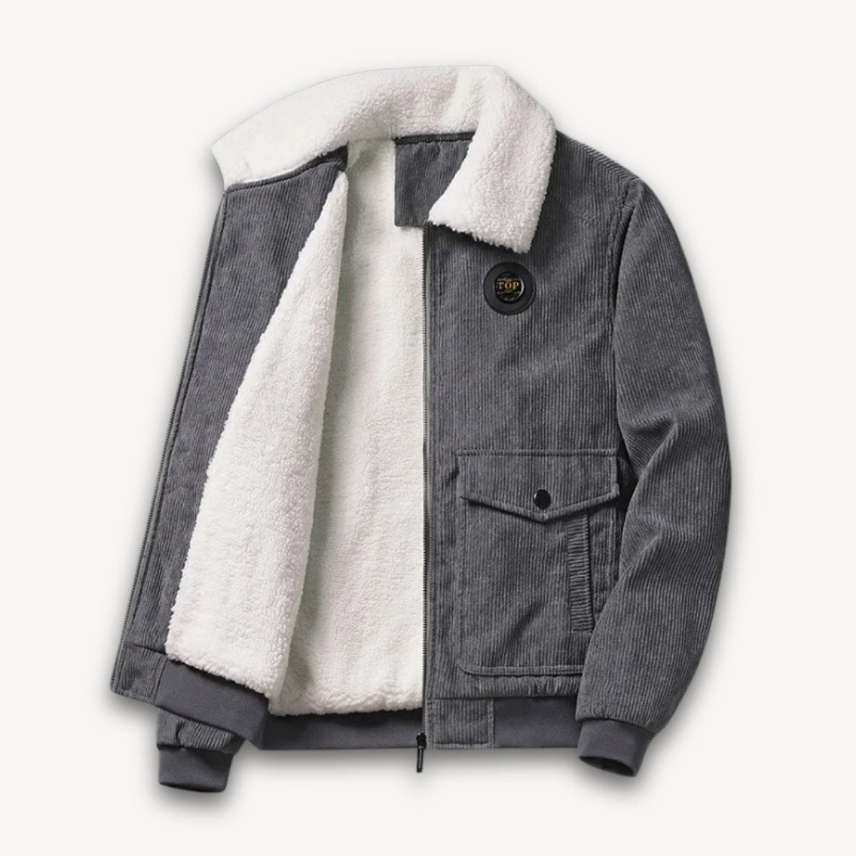 Grey corduroy bomber jacket with fleece sherpa collar and flap pocket