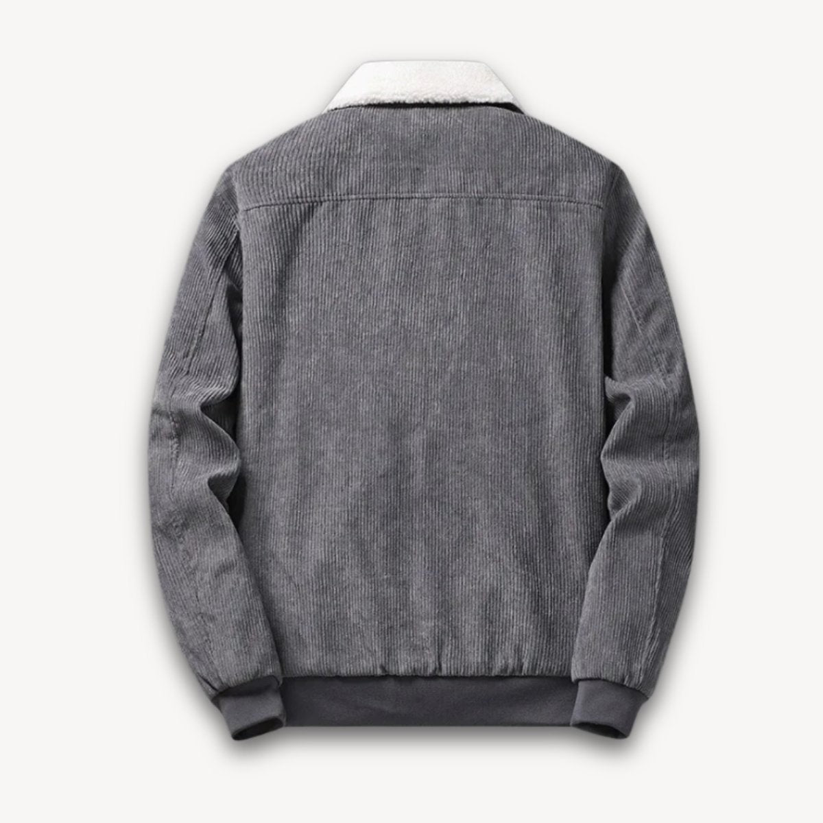 Grey corduroy jacket rear view showing ribbed texture and sherpa collar