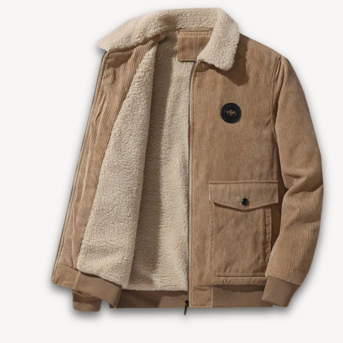 Beige corduroy bomber jacket with cream sherpa lining and front pocket