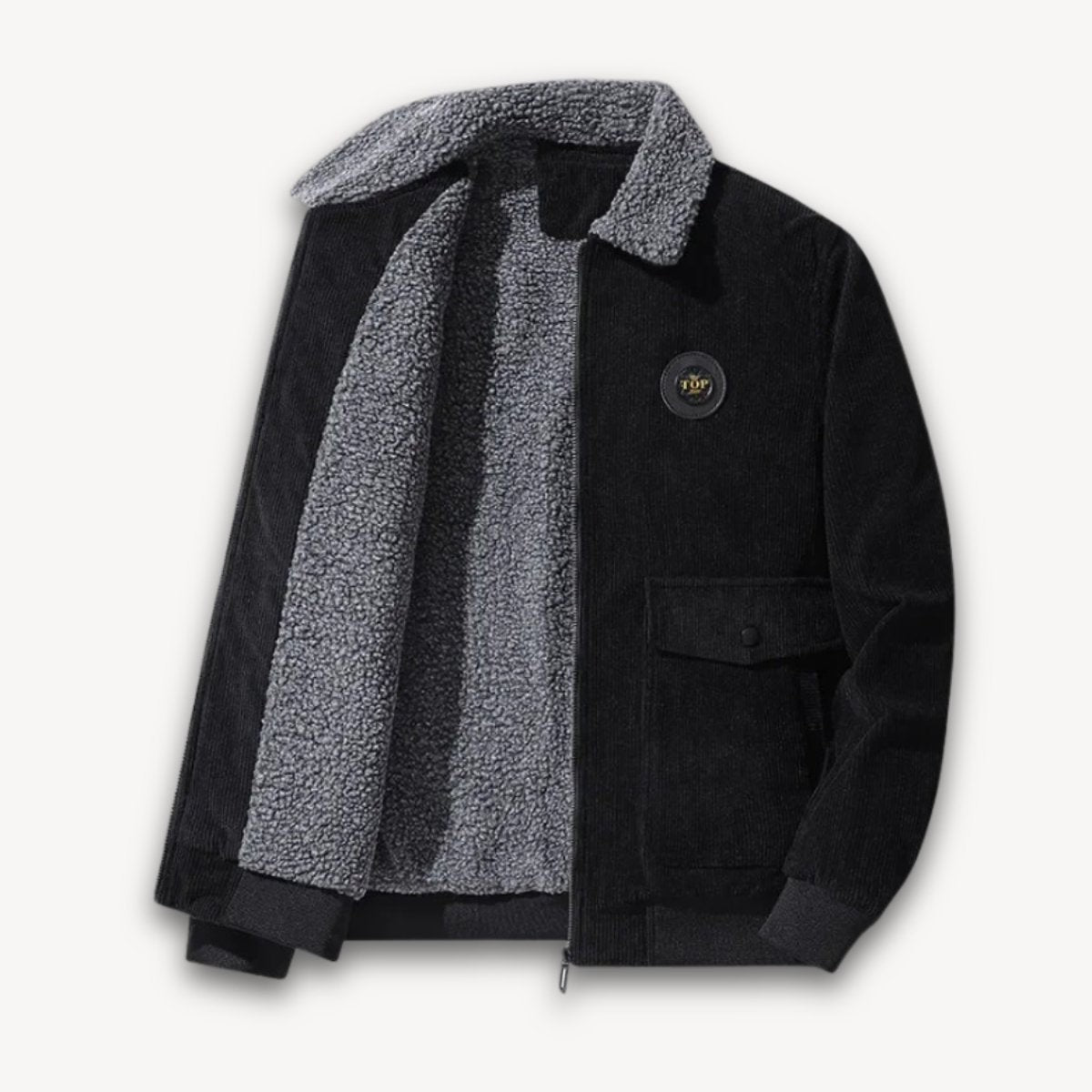 Black corduroy bomber jacket with grey sherpa-lined collar and cuffs