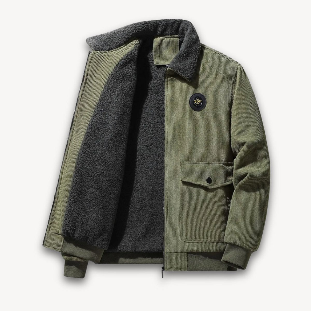 Khaki green corduroy jacket with charcoal sherpa lining and flap pocket