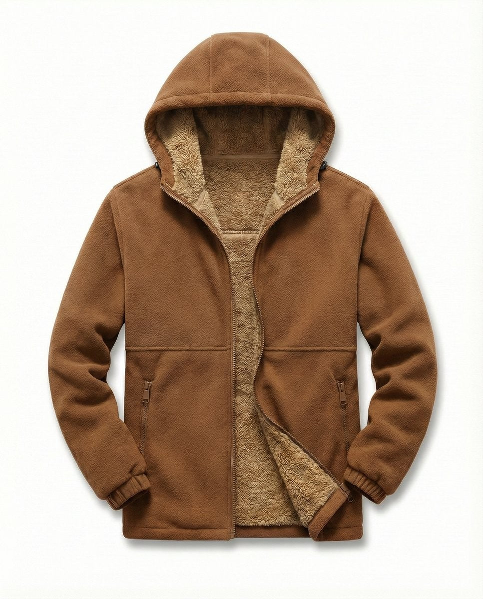 Rust brown fleece hoodie with tan sherpa lining, hood up, laid flat