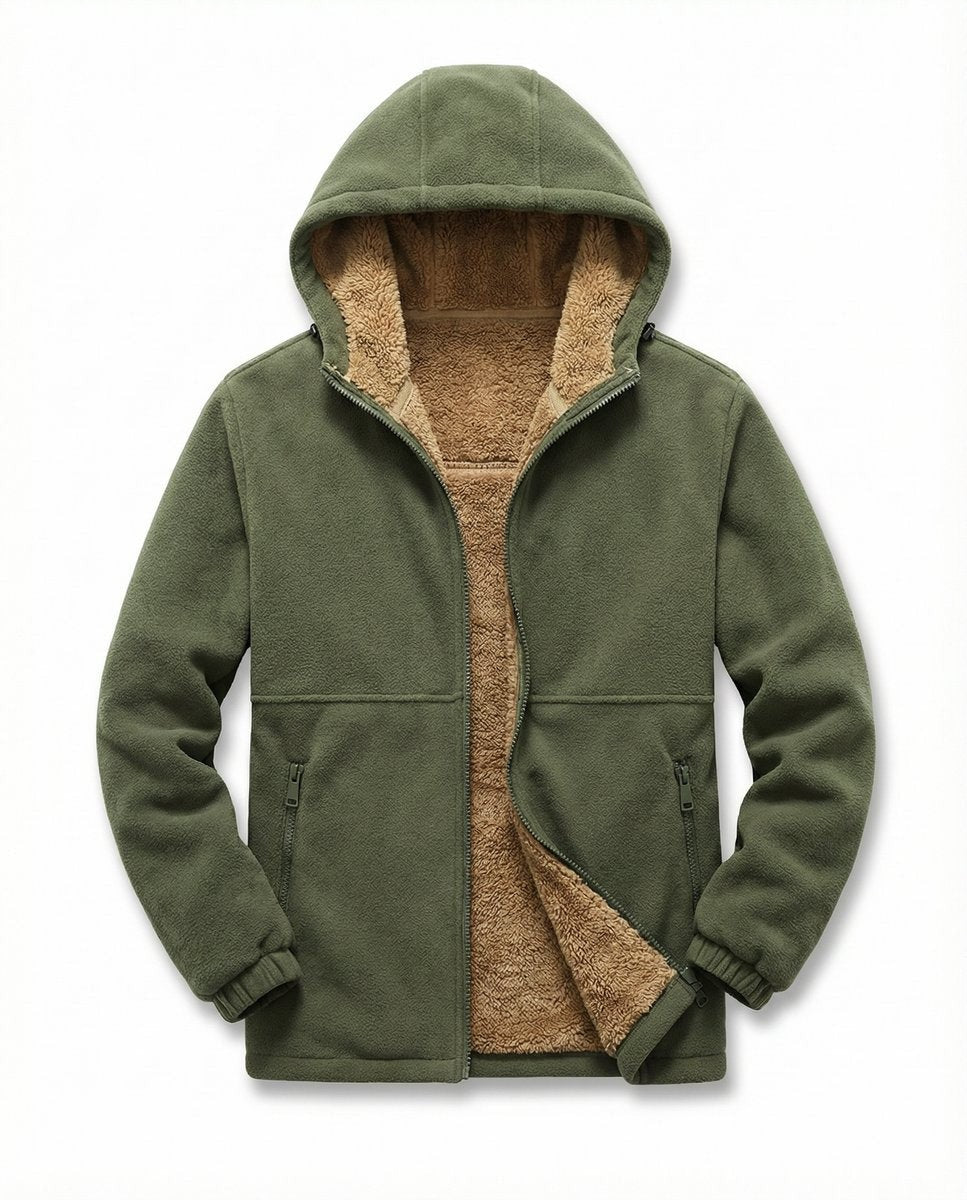 Khaki green zip-up fleece hoodie with fleece-lined hood, laid flat against white background