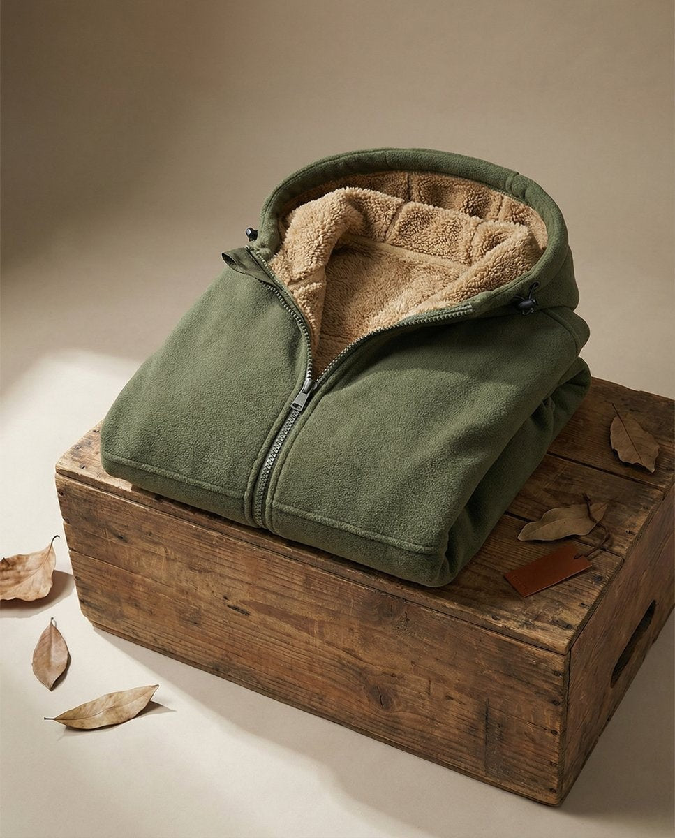 Olive green sherpa-lined fleece hoodie folded neatly atop a rustic wooden crate
