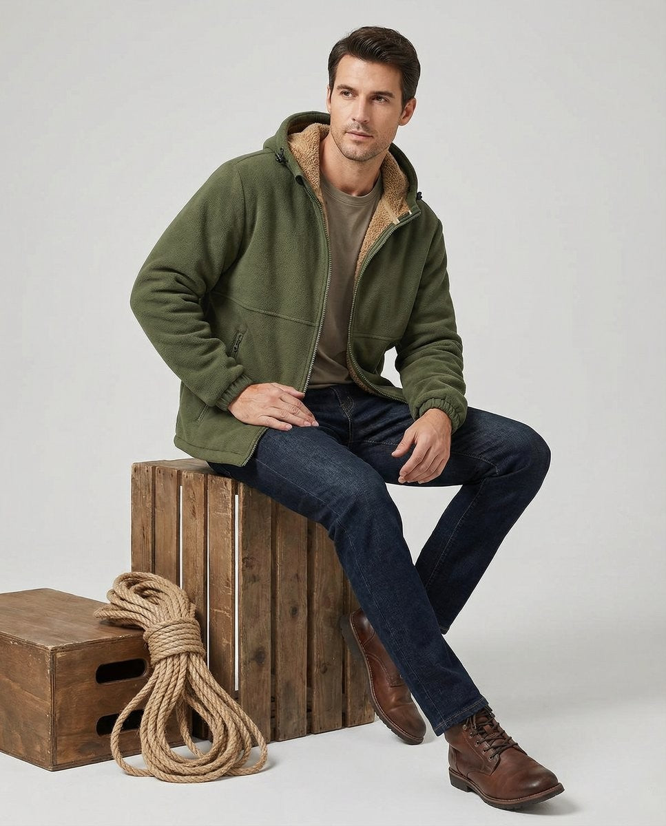 Man seated on wooden crate wearing olive fleece hoodie with tan sherpa lining and jeans