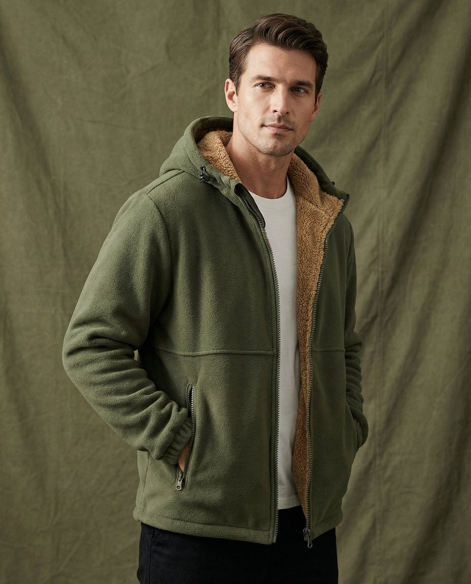 Man modelling open-front olive fleece hoodie revealing soft tan sherpa interior