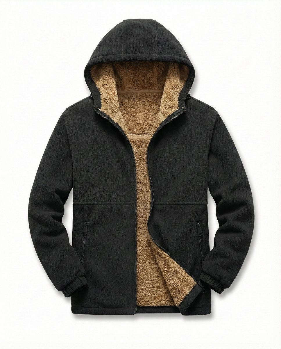 Black zip-up fleece hoodie with tan sherpa lining, displayed on plain background