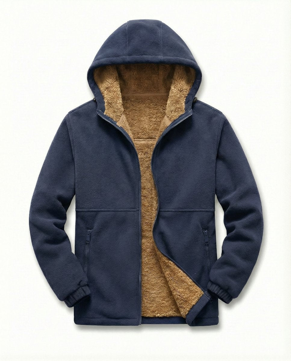 Navy blue fleece zip hoodie with warm tan sherpa lining, shown flat