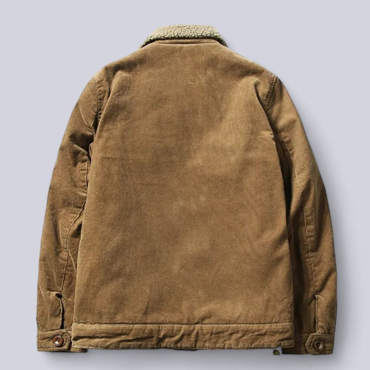 Rear view of tan corduroy jacket showing sherpa collar and ribbed texture