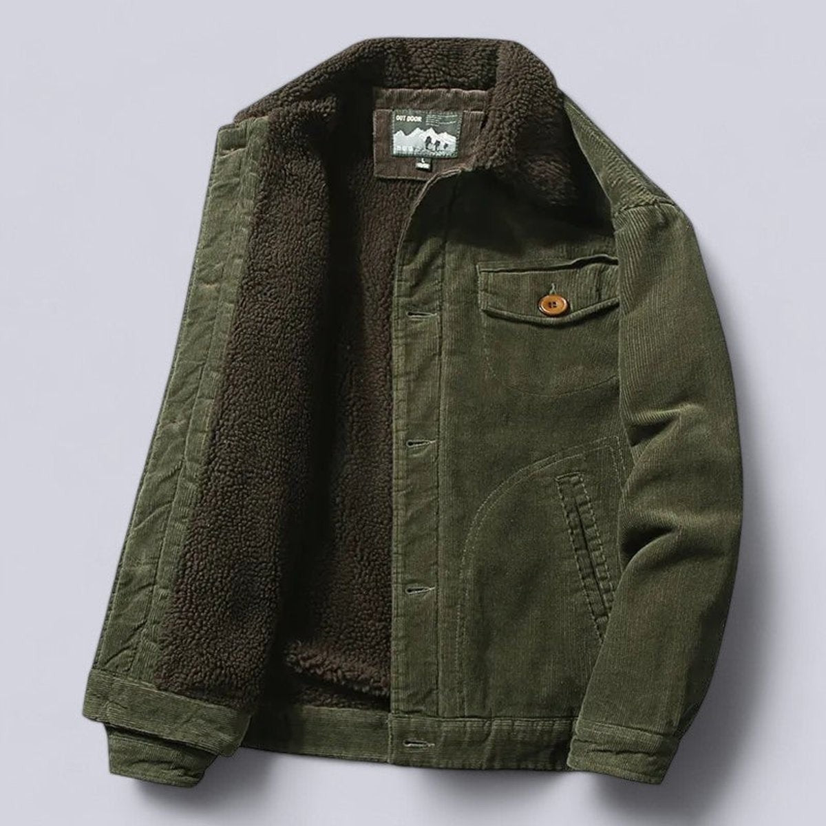 Olive green corduroy jacket with brown sherpa lining and flap chest pocket