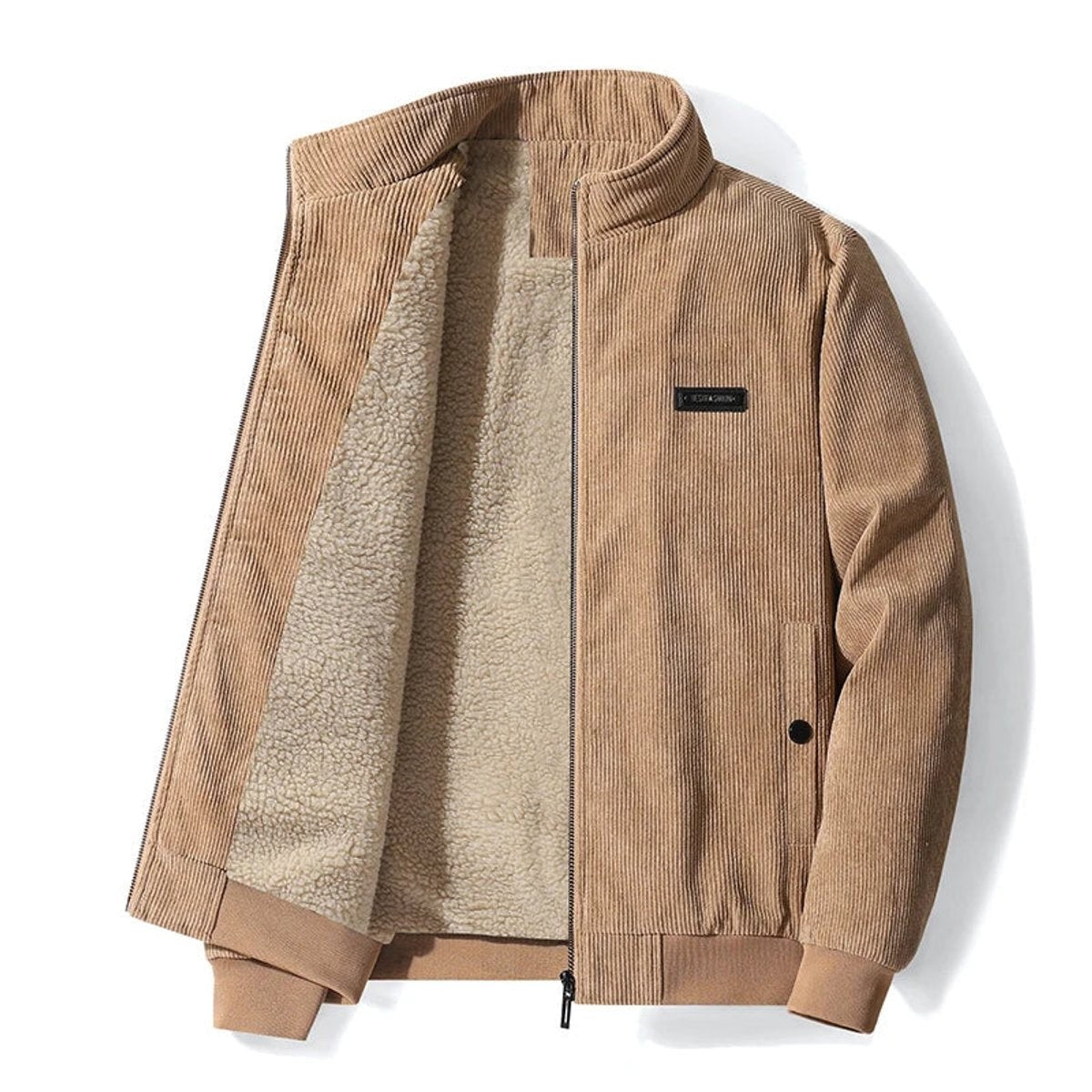 Camel corduroy bomber jacket with fleece sherpa lining and stand collar