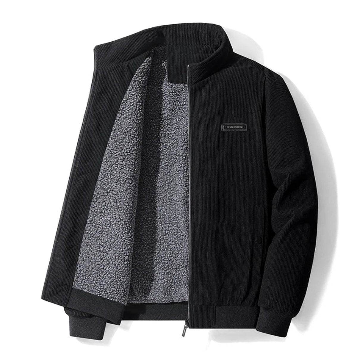 Black corduroy bomber jacket unzipped showing warm fleece lining