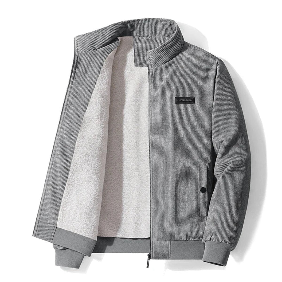 Grey corduroy zip-through jacket with sherpa fleece interior detail