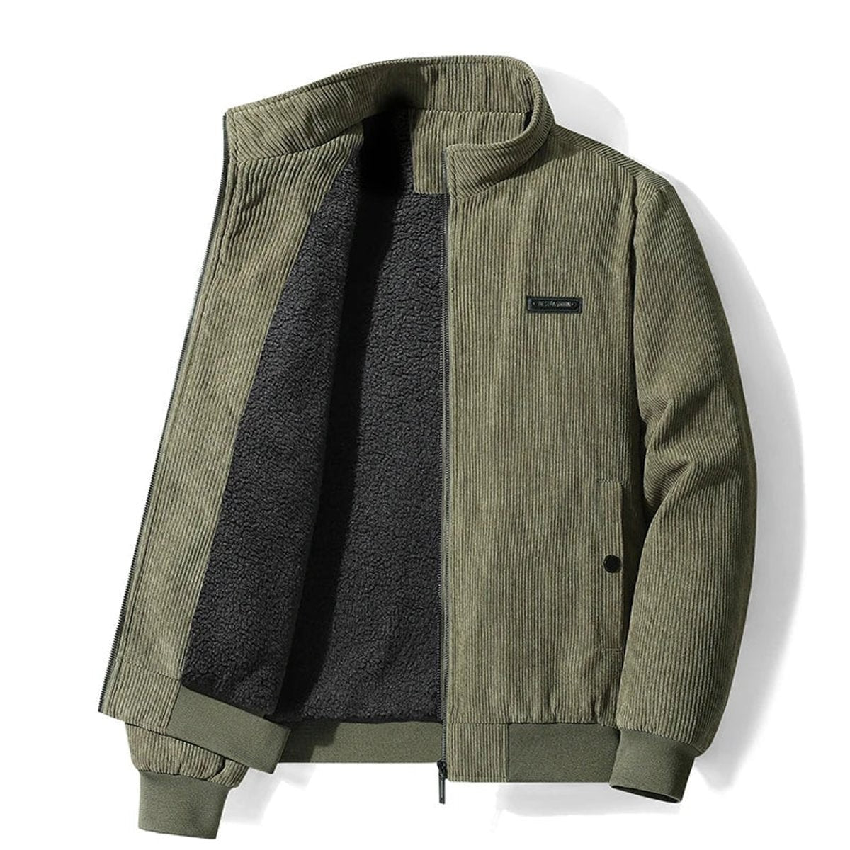 Olive green corduroy bomber jacket with fleece lining, unzipped view