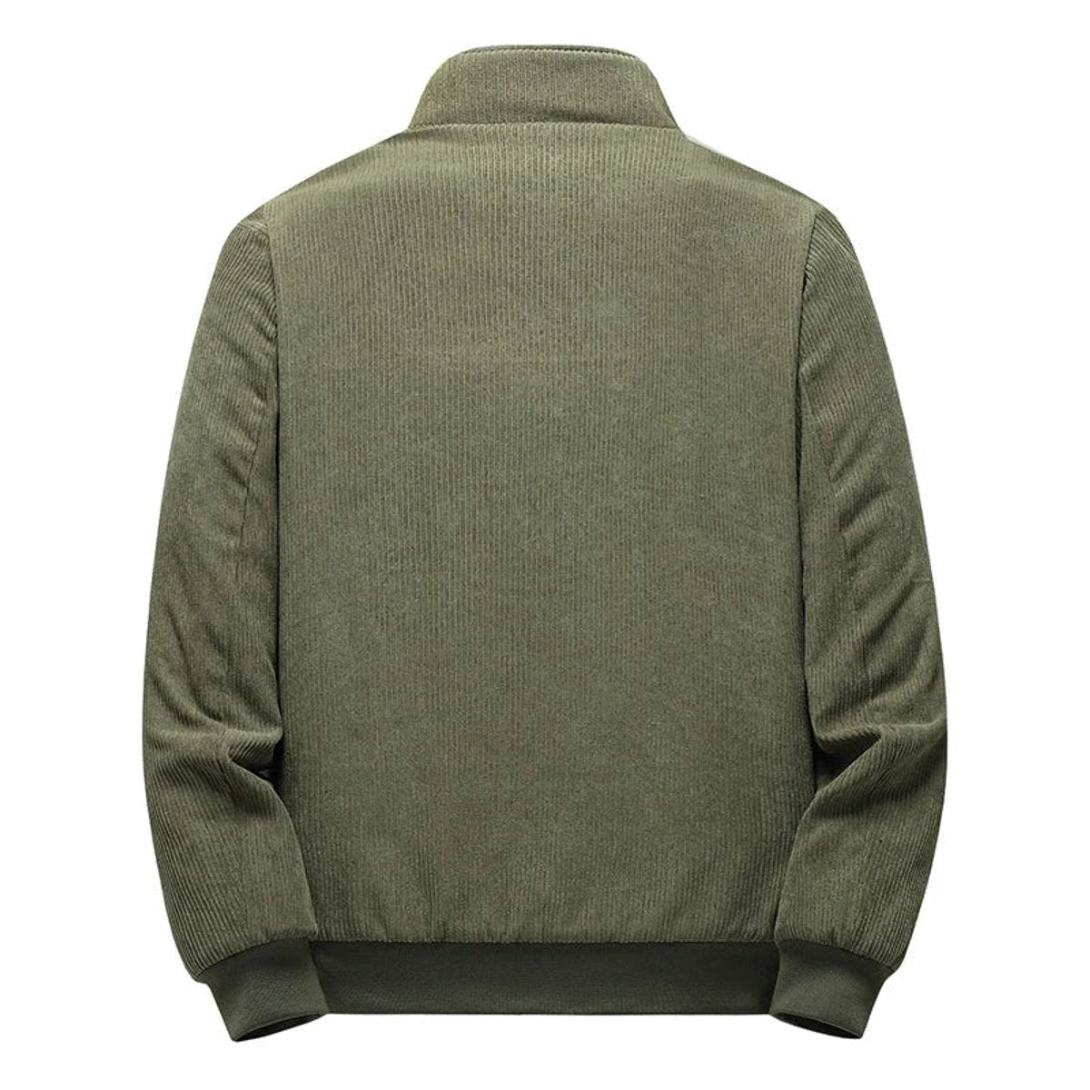 Olive corduroy bomber jacket rear view showing ribbed texture and fit