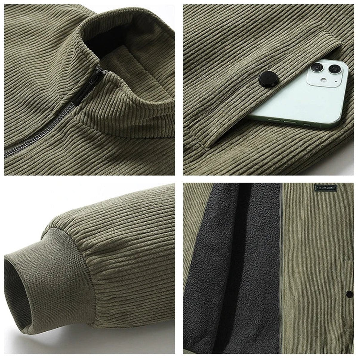 Close-up details of olive corduroy jacket zip, pocket and fleece lining