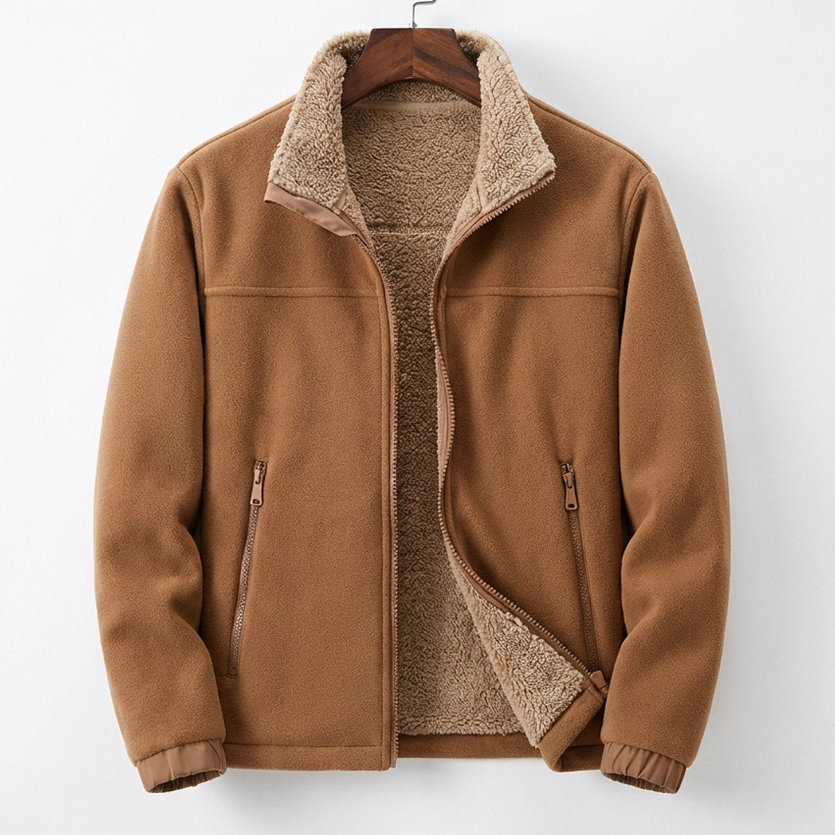 Camel fleece jacket with sherpa lining and stand-up collar, zipped pockets
