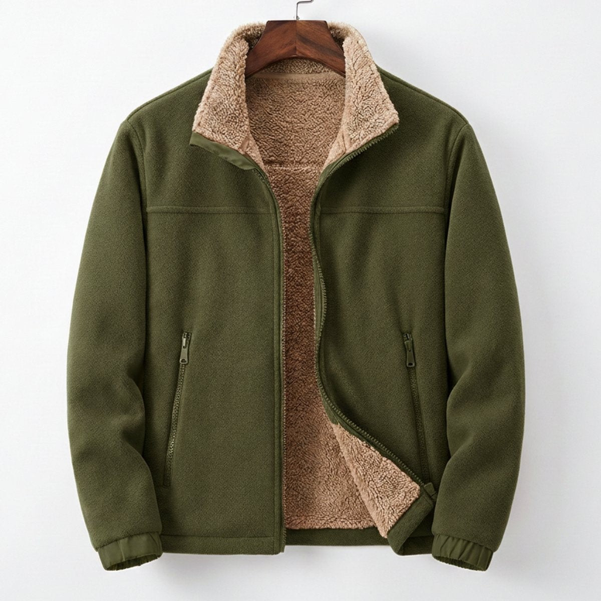 Khaki green fleece zip-up jacket featuring sherpa-lined collar and cuffs