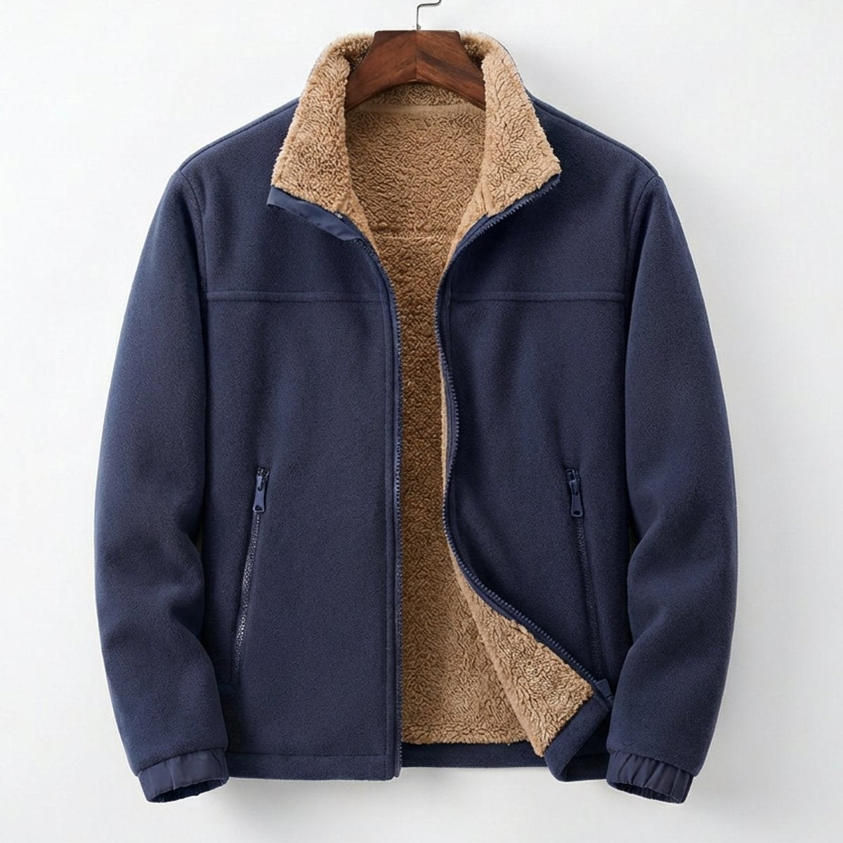 Navy fleece jacket with cosy sherpa lining and stand-up collar