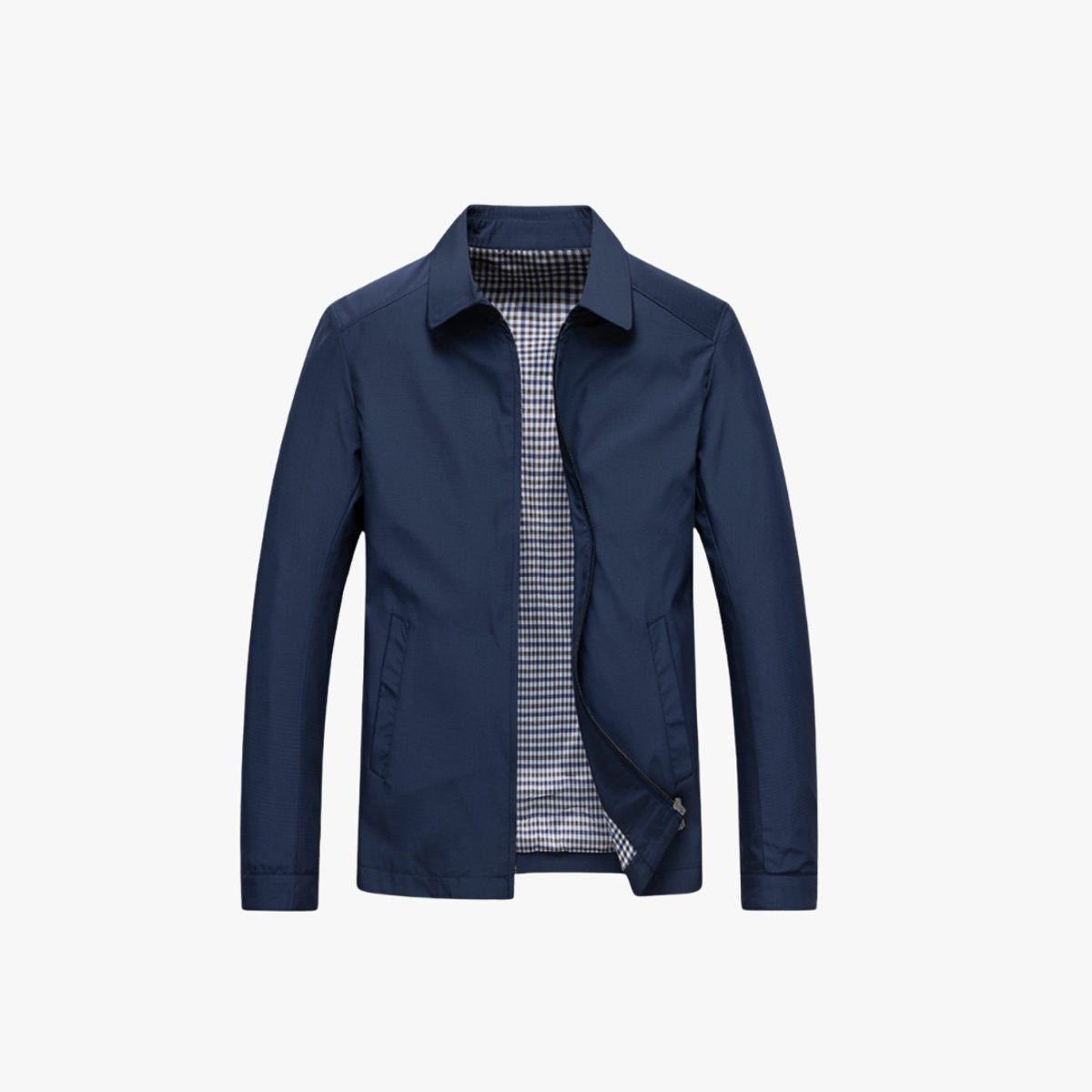 Navy zip-up windbreaker jacket with gingham checked lining and point collar