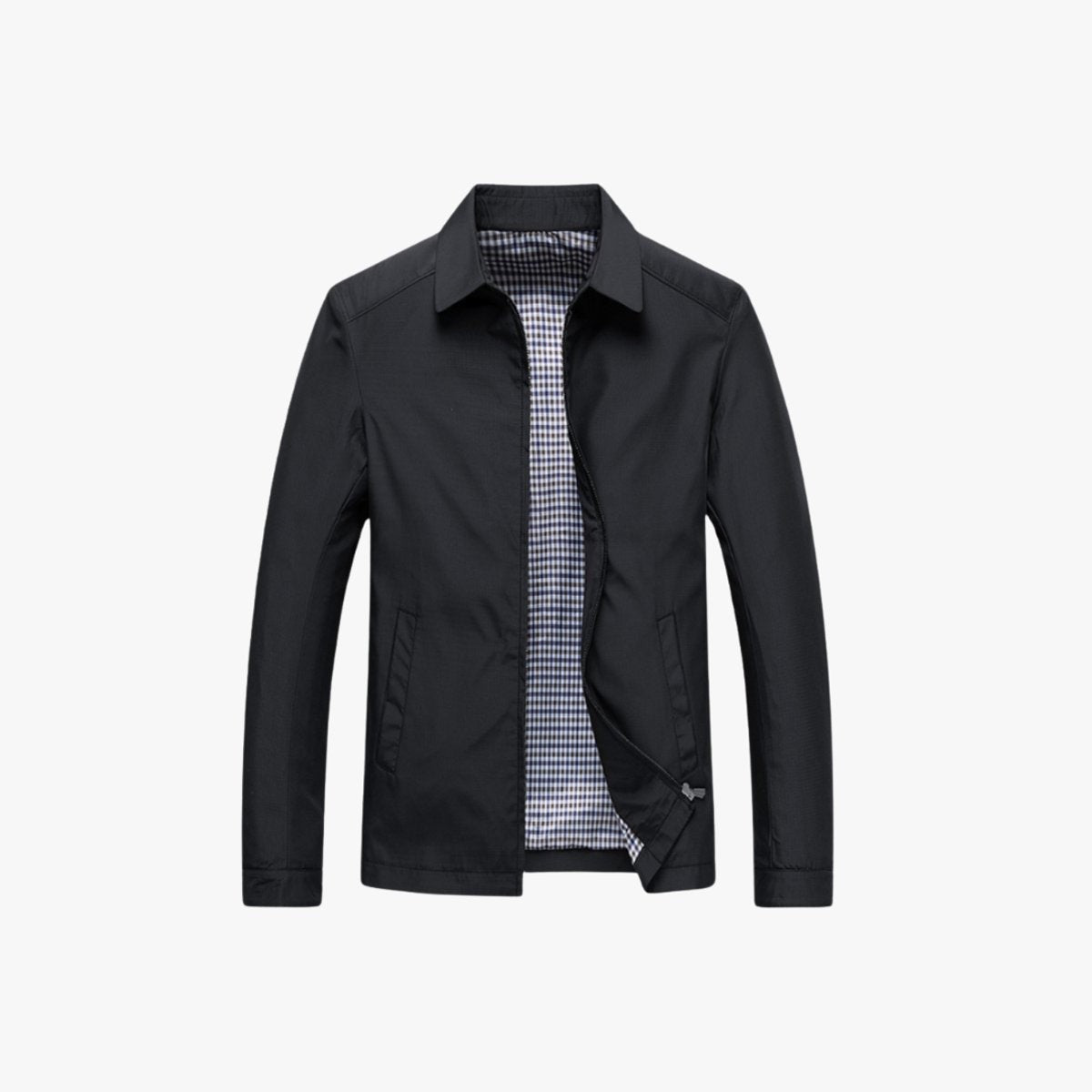 Black lightweight windbreaker jacket featuring contrast gingham inner lining