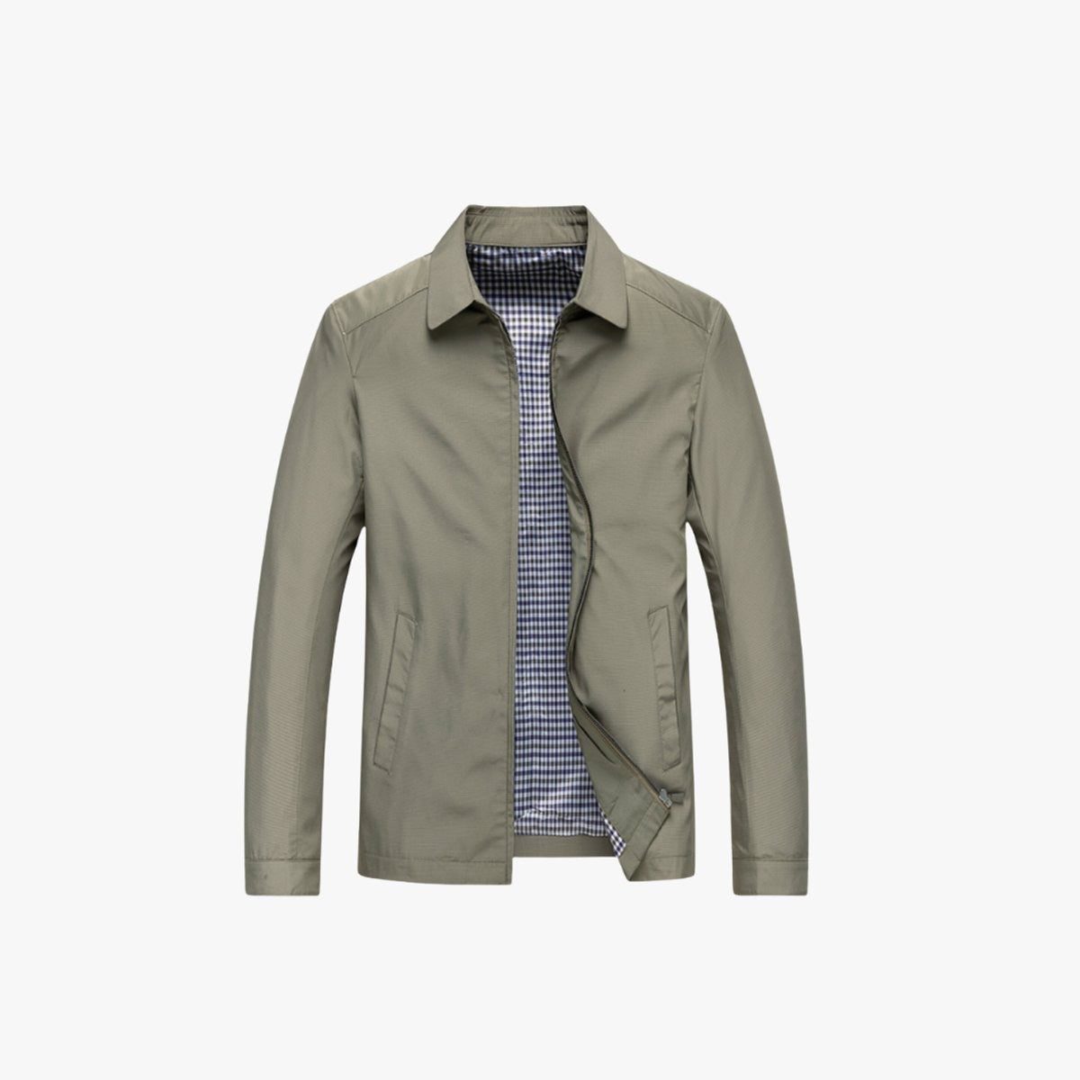Khaki green zip-up jacket with classic collar and checked lining detail