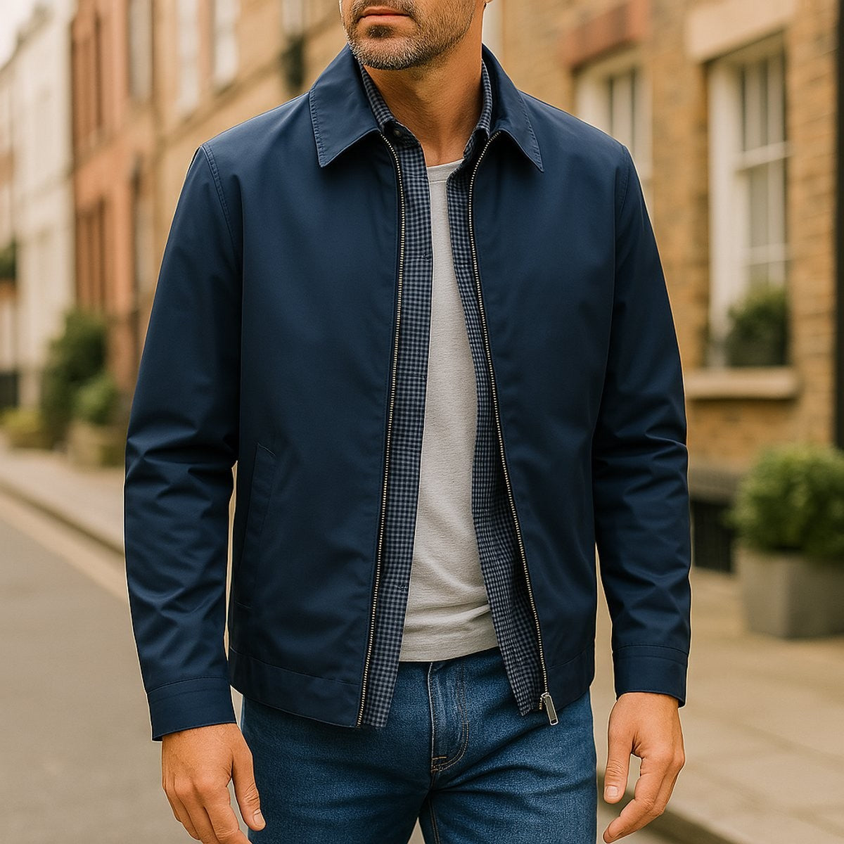 Man wearing navy zip-up windbreaker jacket over jeans on city street