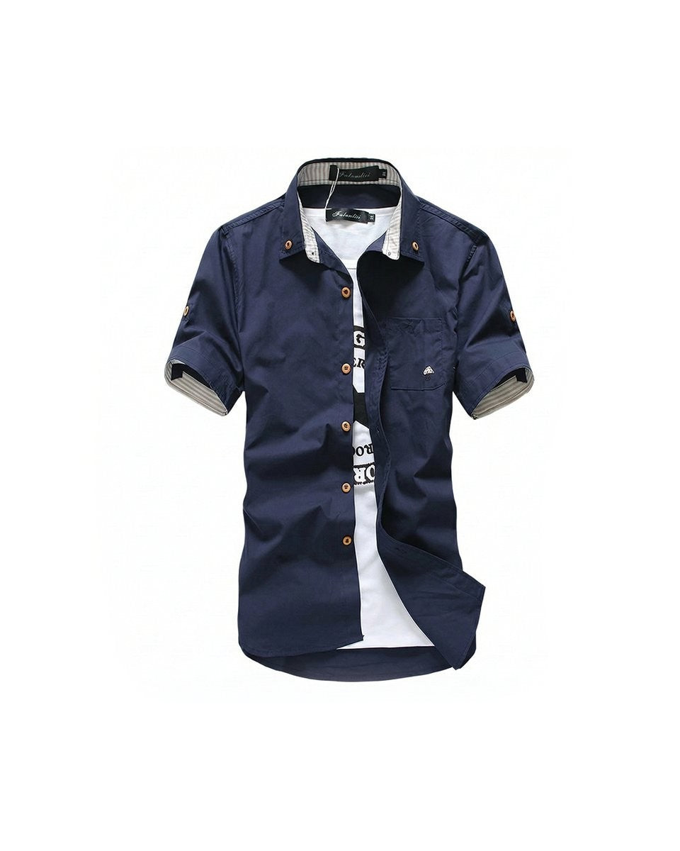 Navy short-sleeve button-up shirt with striped collar detailing and chest pocket