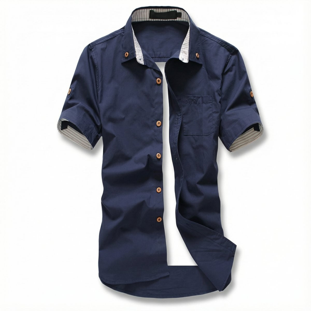 Navy cotton men's shirt featuring contrast striped trim and wooden buttons