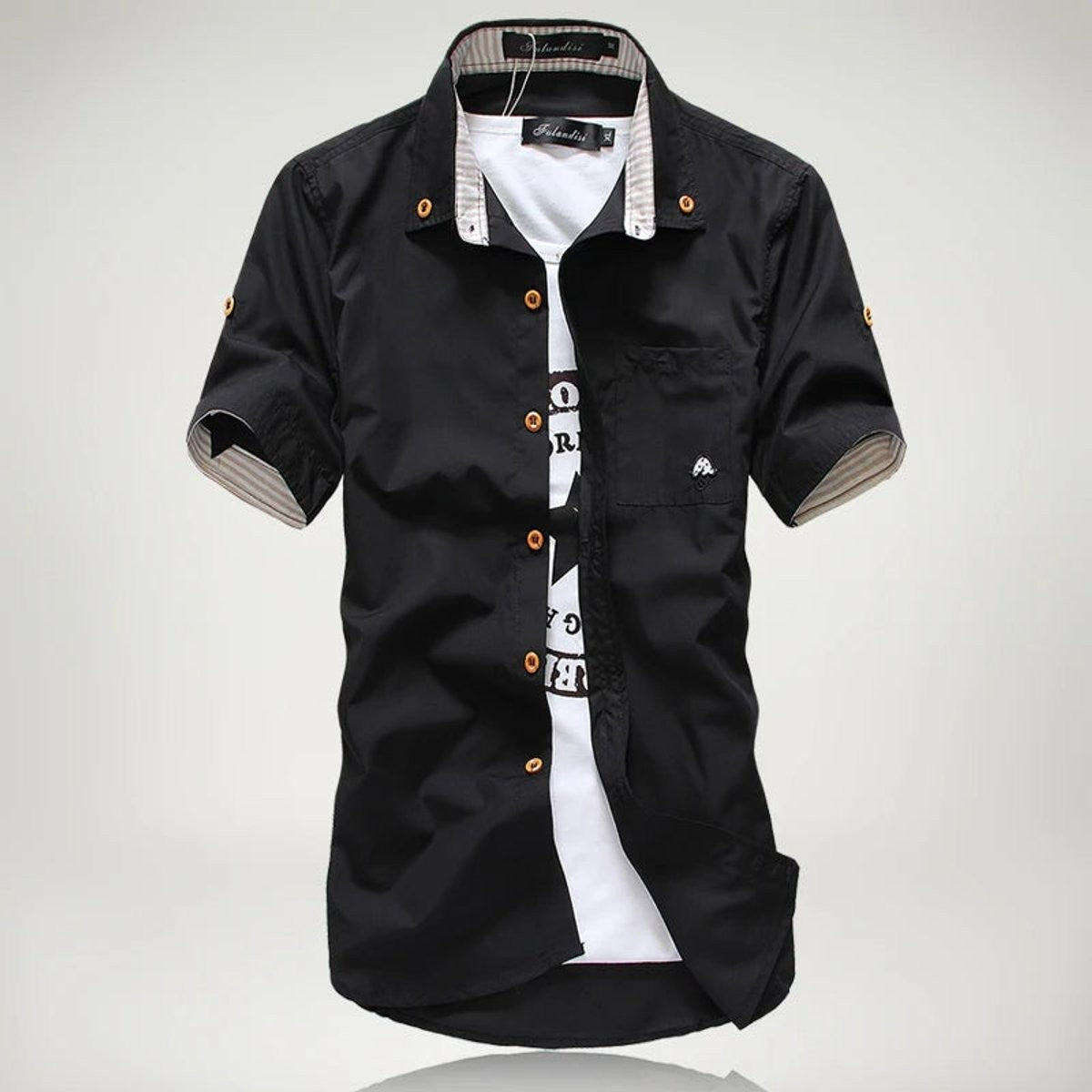Black short-sleeve button-up shirt with striped collar and chest pocket detail