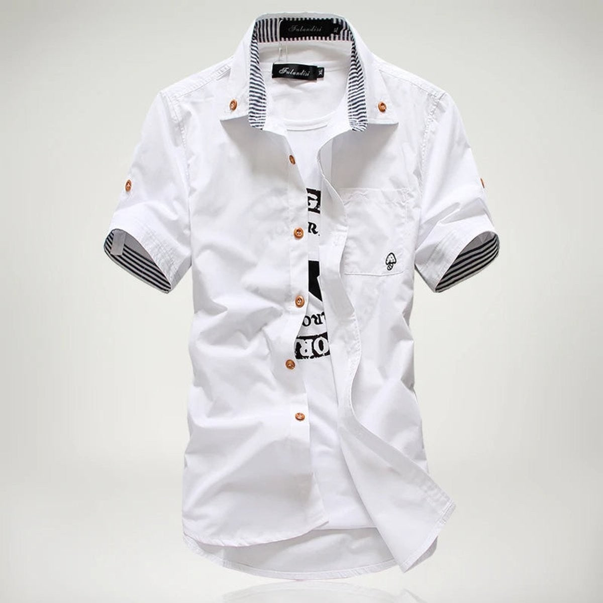 White cotton men's shirt with contrast striped collar and short sleeves