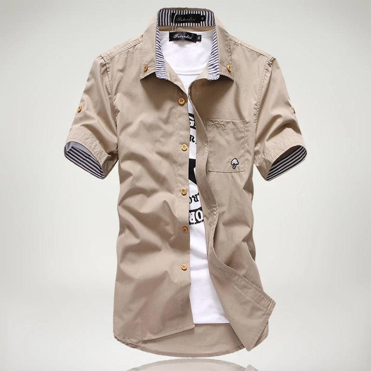 Beige short-sleeve casual shirt with striped collar and button-through front