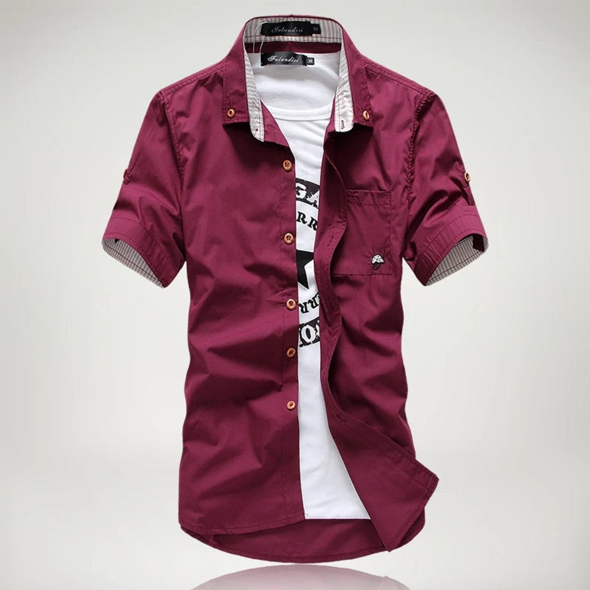 Burgundy men's shirt featuring short sleeves and contrast striped trim