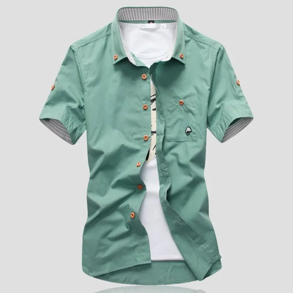 Sage green short-sleeve shirt with wooden buttons and striped collar accent