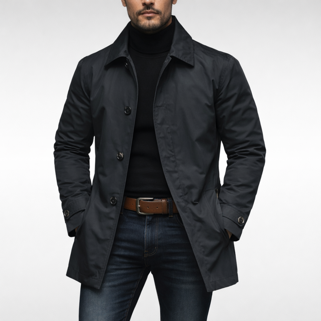 Navy-black mac coat with button-through front styled on model