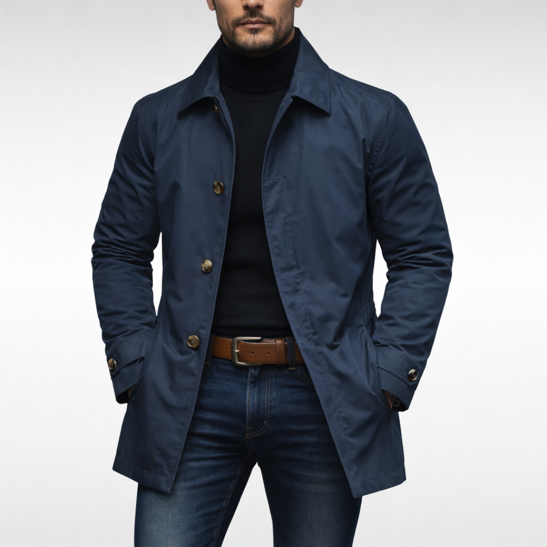 Navy blue mac coat with brown leather belt and slim fit