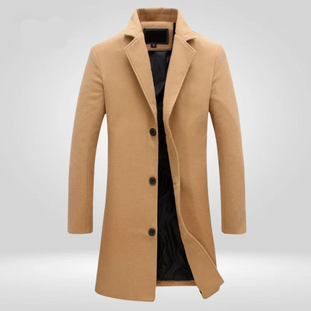Camel wool overcoat with notched lapel and single-breasted button fastening