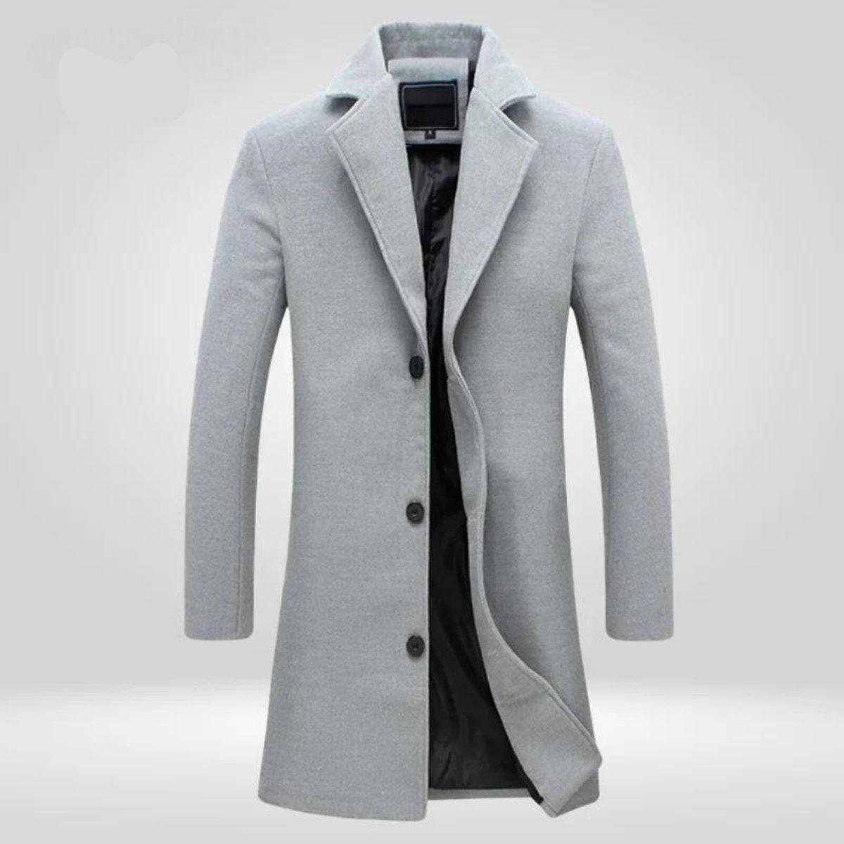 Light grey wool long coat featuring tailored fit and notched lapel collar