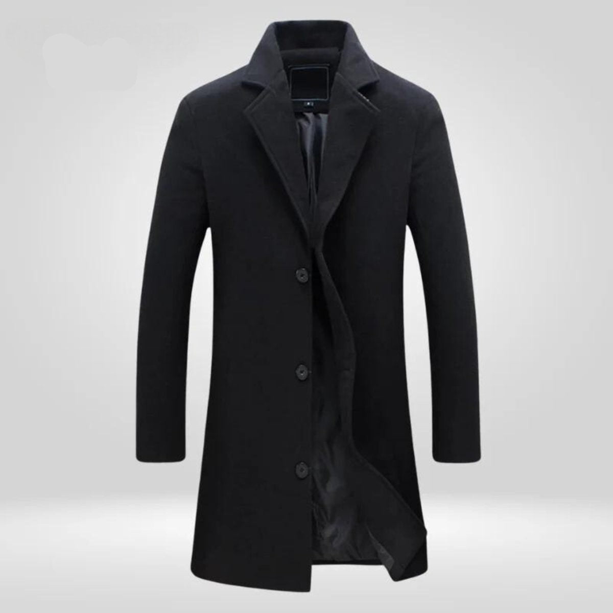 Black single-breasted wool overcoat with long line silhouette and button front