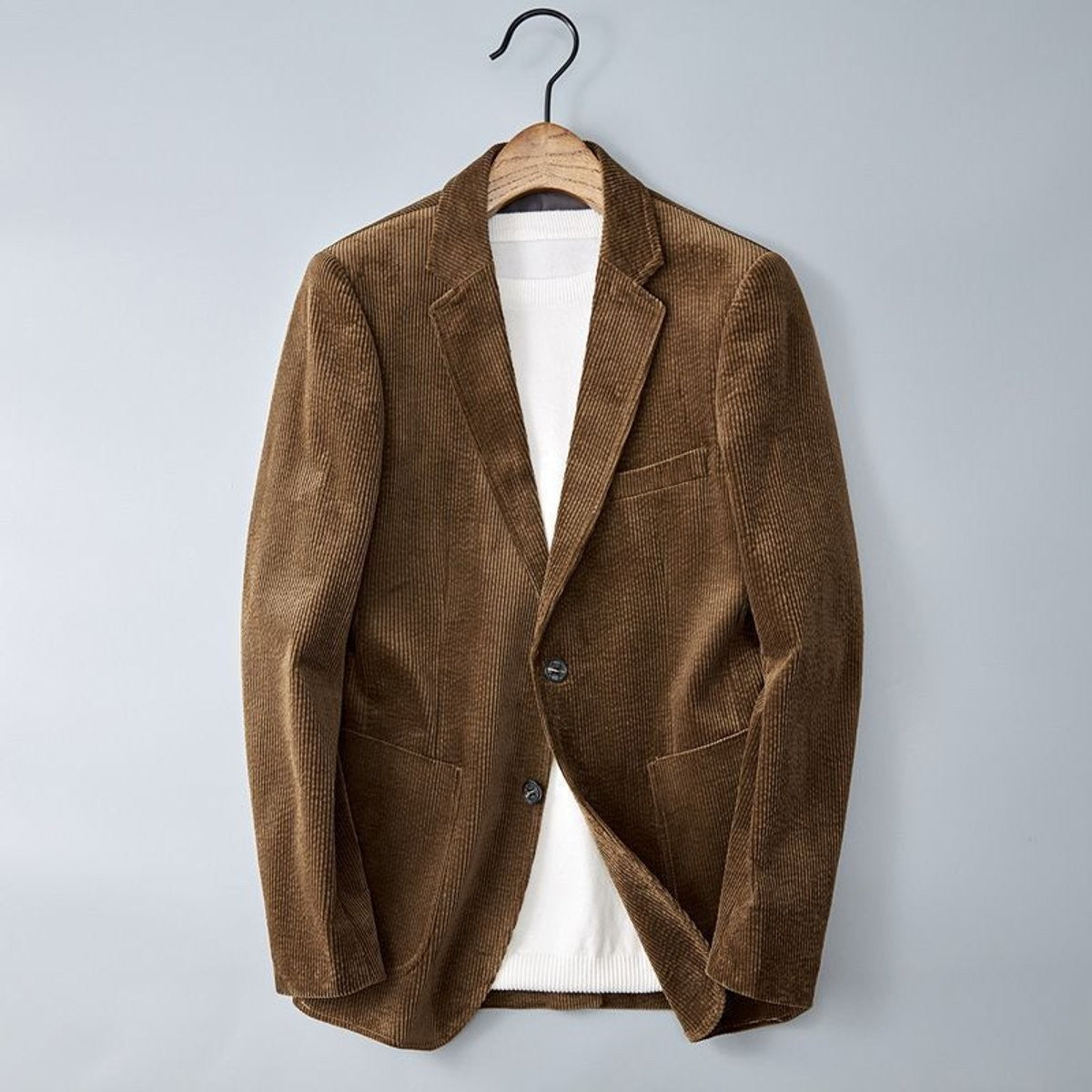 Camel corduroy notched lapel blazer with two-button fastening and patch pockets