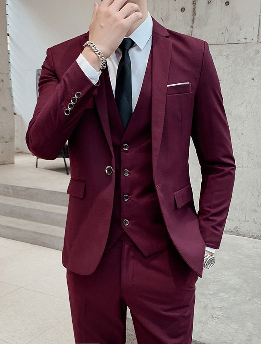 Burgundy three-piece suit with satin lapel and slim-fit waistcoat