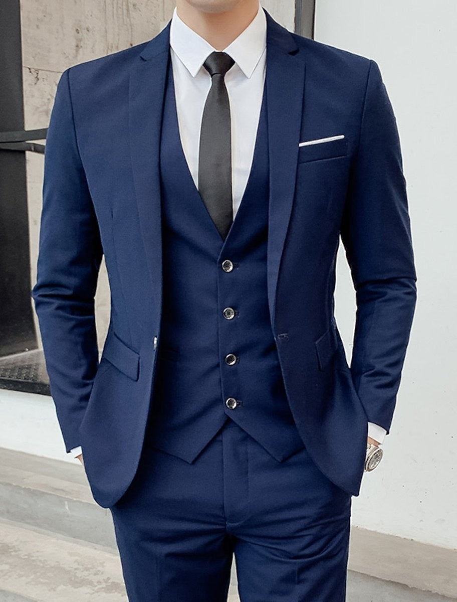 Navy tailored suit with slim-fit blazer and matching waistcoat