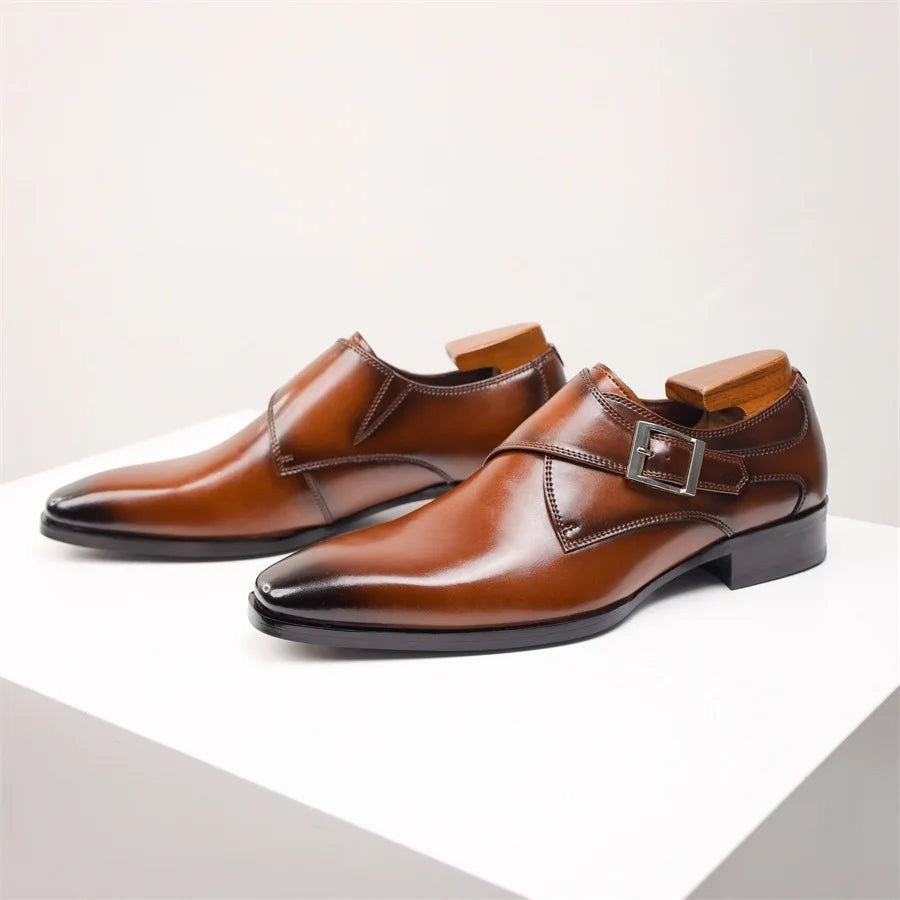 Tan leather single monk strap shoes with buckle and pointed toe